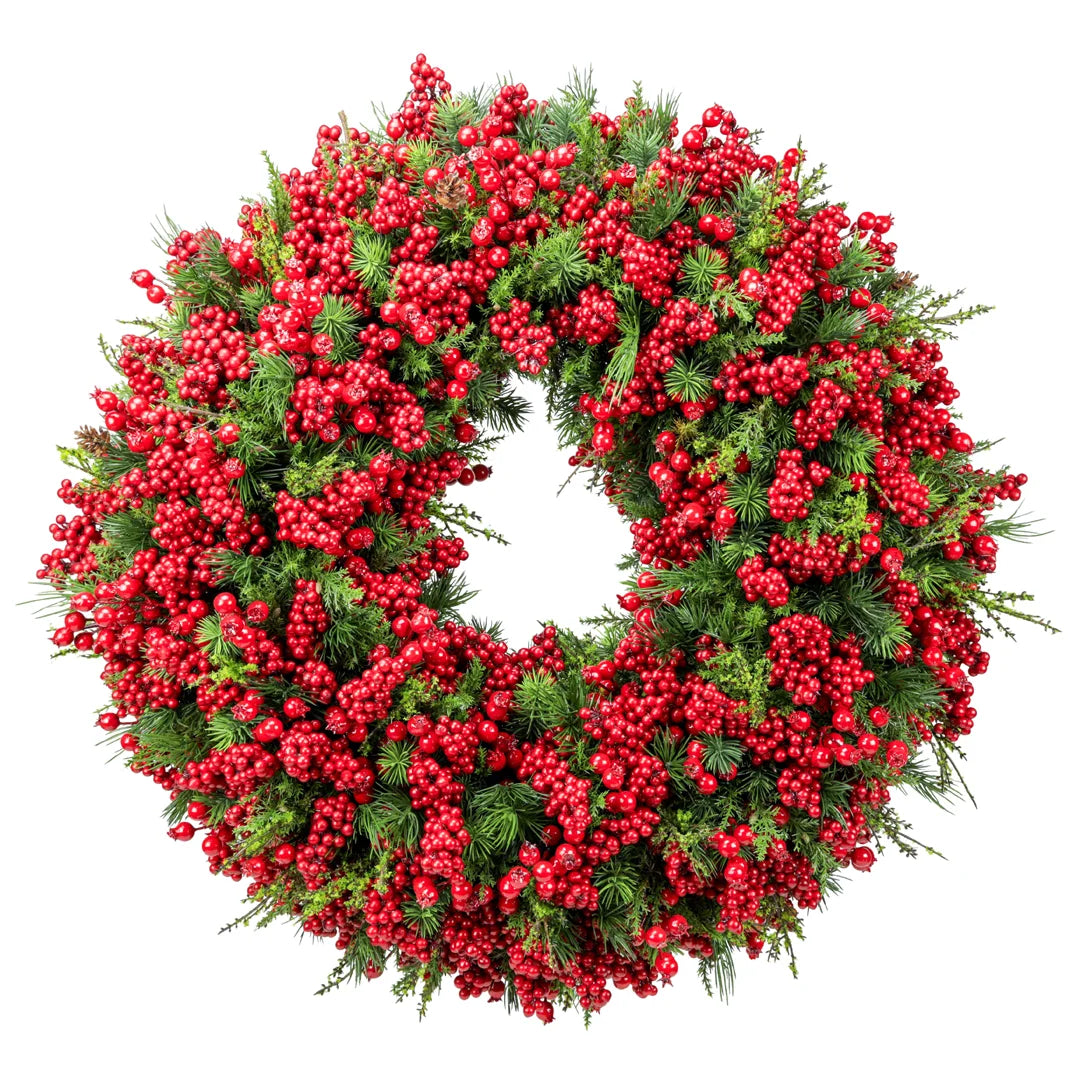 Mixed fir wreath with red berries, handmade