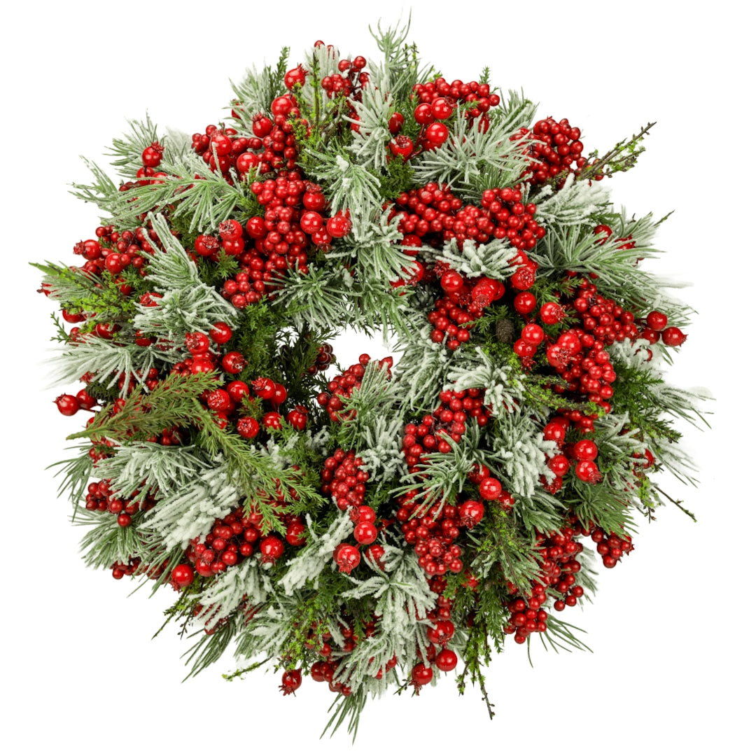 Mixed fir wreath with red berries, handmade