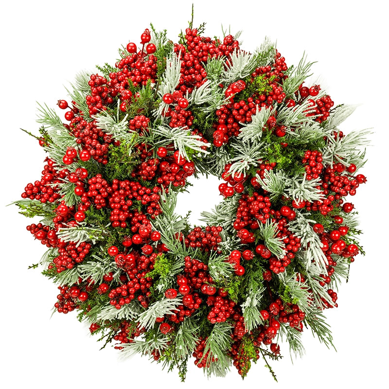 Mixed fir wreath with red berries, handmade