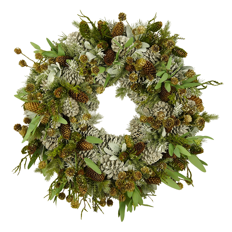 Zapfenkranz mit Schneetanne, handgefertigt, Ø ca. 85 cm - grau/grün