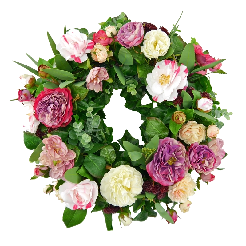 efeu und rosen Blütenkranz Rosen und Kamelien mit Sedum Eukalyptus und Efeu