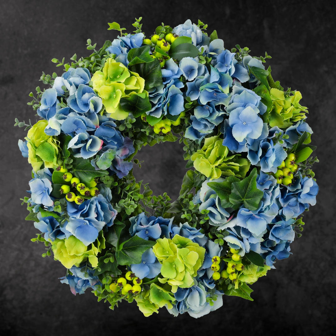 Blütenkranz Hortensien, handgefertigt, Ø ca. 43 cm - grün/blau