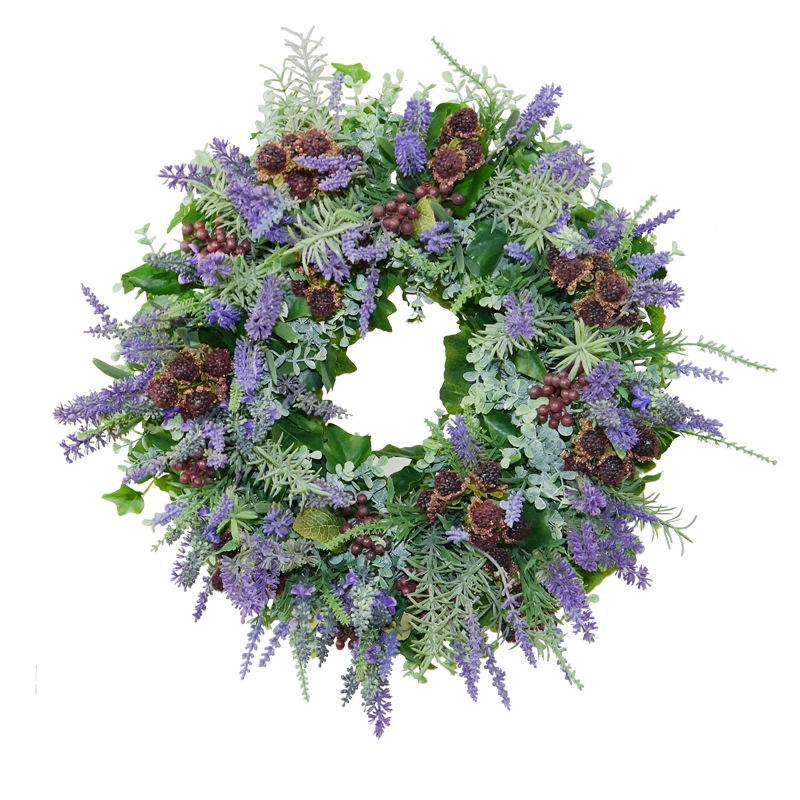 Lavender wreath with berries and hydrangeas, handmade, approx. 43 cm in diameter - purple/green