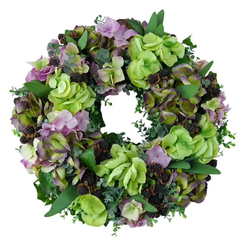 Blütenkranz Hortensie mit Eukalyptus und Brombeeren, handgearbeitet, Ø ca. 43 cm - grün/lila/schwarz