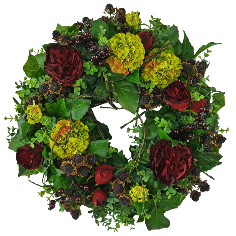 Blütenkranz Dahlien mit Rosen und Brombeeren