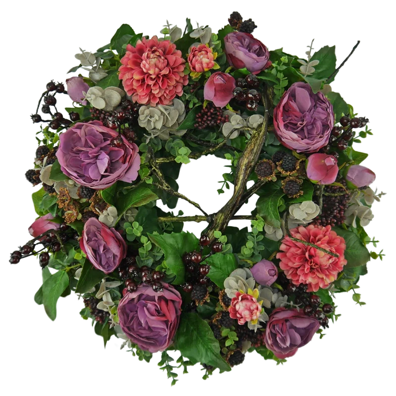 Blütenkranz Dahlien mit Rosen und Brombeeren