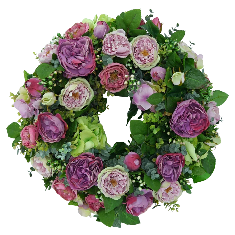 Blütenkranz Rosen mit Hortensien und Beeren, handgewickelt, Ø ca. 43 cm - lila/grün