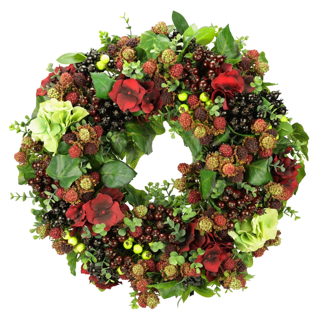 Wreath with berries and hydrangeas, handmade, approx. 43 cm in diameter - burgundy/green