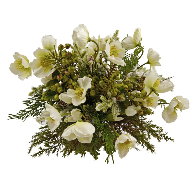 Christrosenstrauß Miniblüten mit Tanne und Zapfen