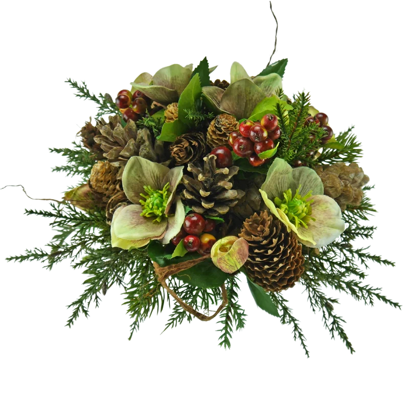 Christrosenstrauß mit Zapfen, Beeren und Tanne
