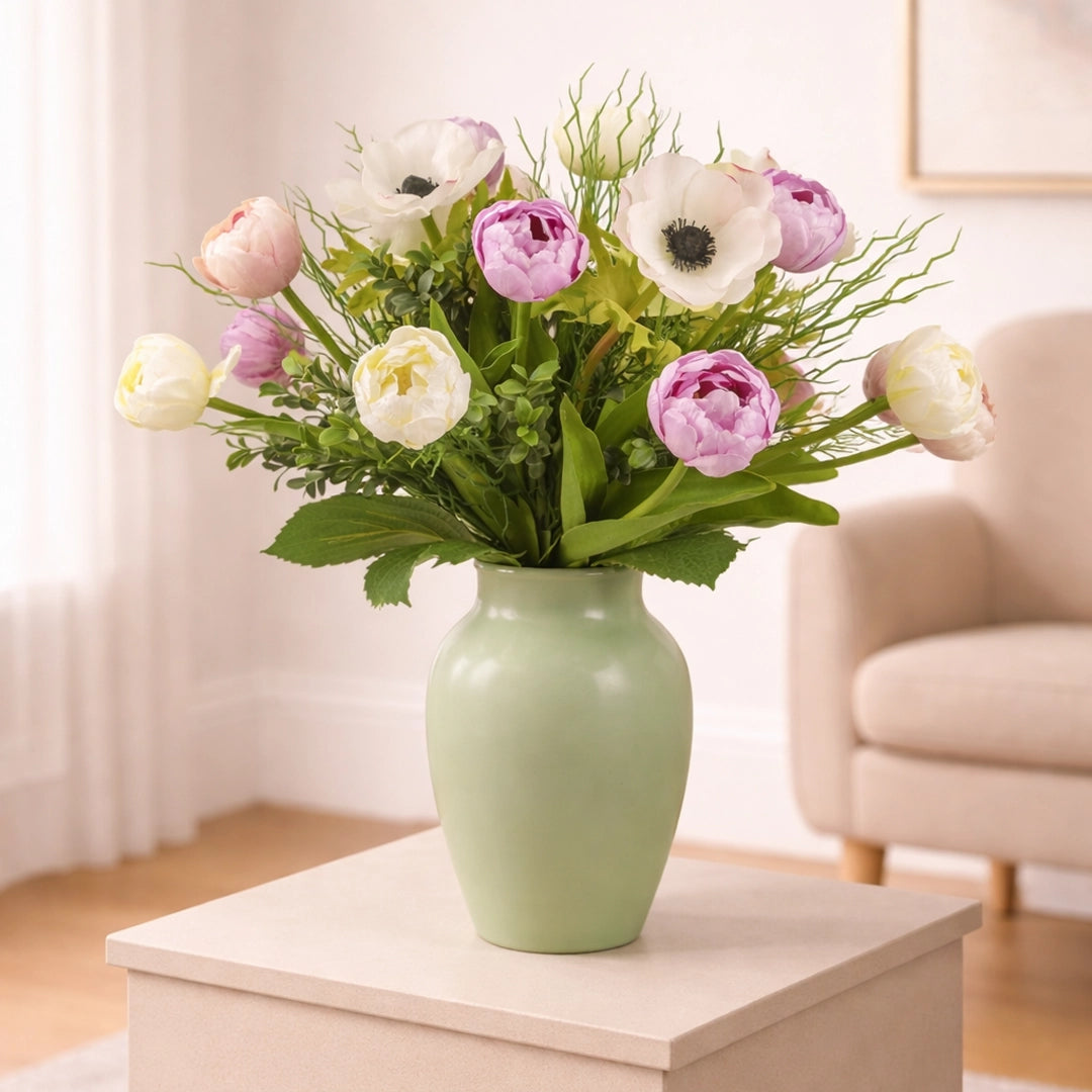 Strauß, Tulpen mit Anemonen, handgebunden, Höhe ca. 40 cm, Ø ca. 45 cm - creme/rosa