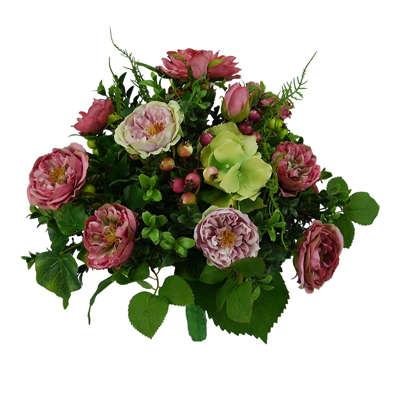 Strauß Rosen mit Hortensien und Beeren, handgebunden, Höhe ca. 35 cm, Ø ca. 35 cm - pink/grün