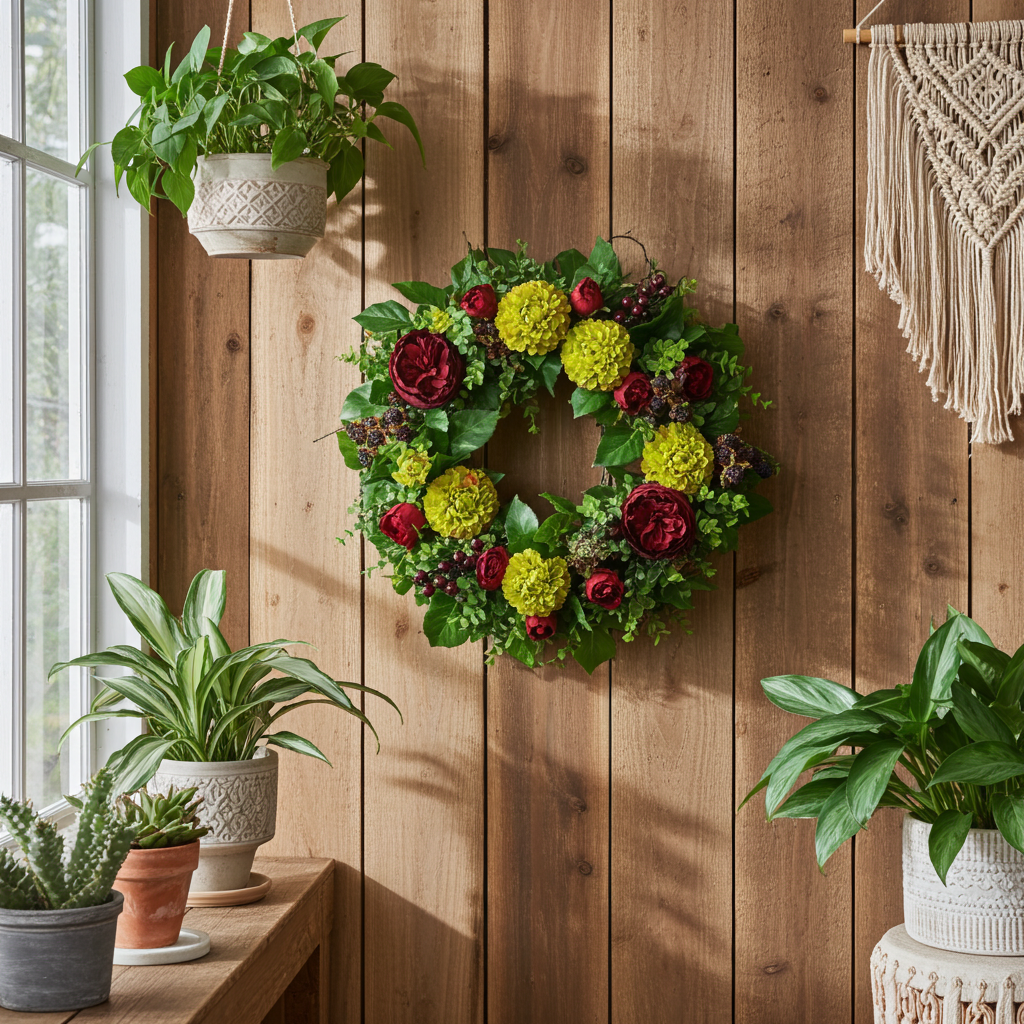 Blütenkranz Dahlien mit Rosen und Brombeeren