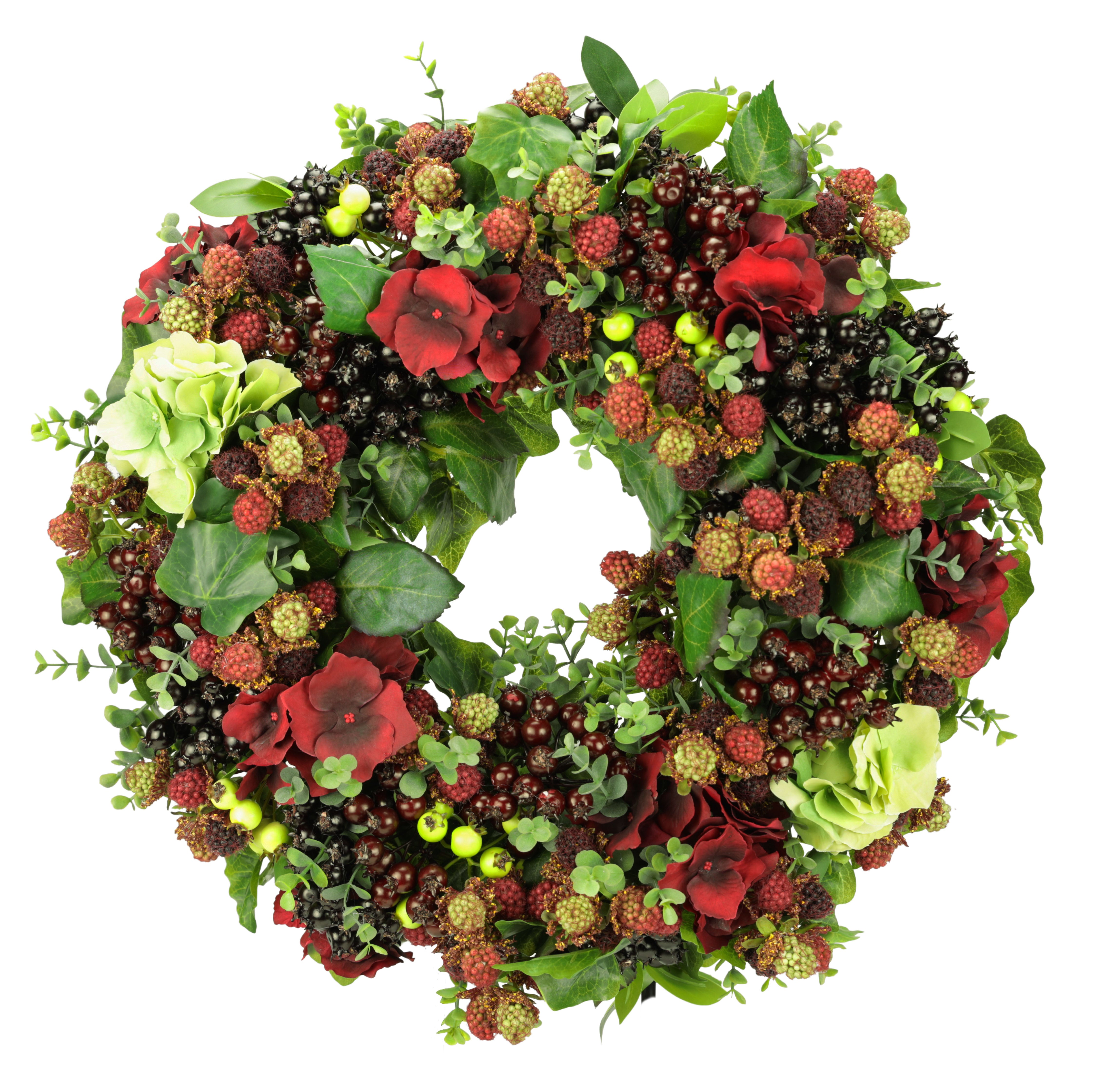 Kranz mit Beeren und Hortensien, handgefertigt, Ø ca. 43 cm - bordeaux/grün