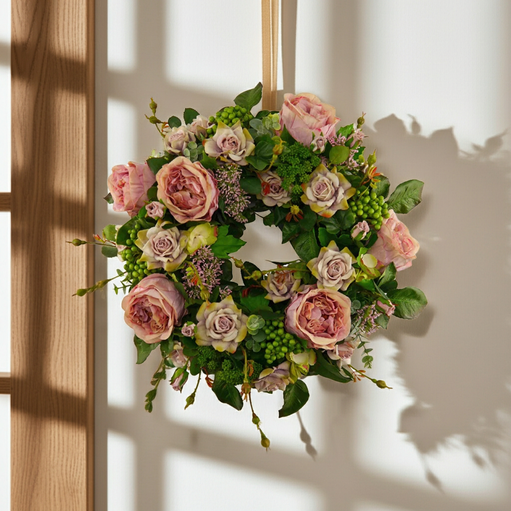 Flower wreath roses with hydrangeas and berries