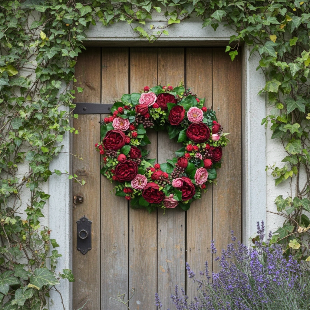 Blütenkranz Rosen mit Brombeeren, handgefertigt, Ø ca. 43 cm - bordeaux/schwarz