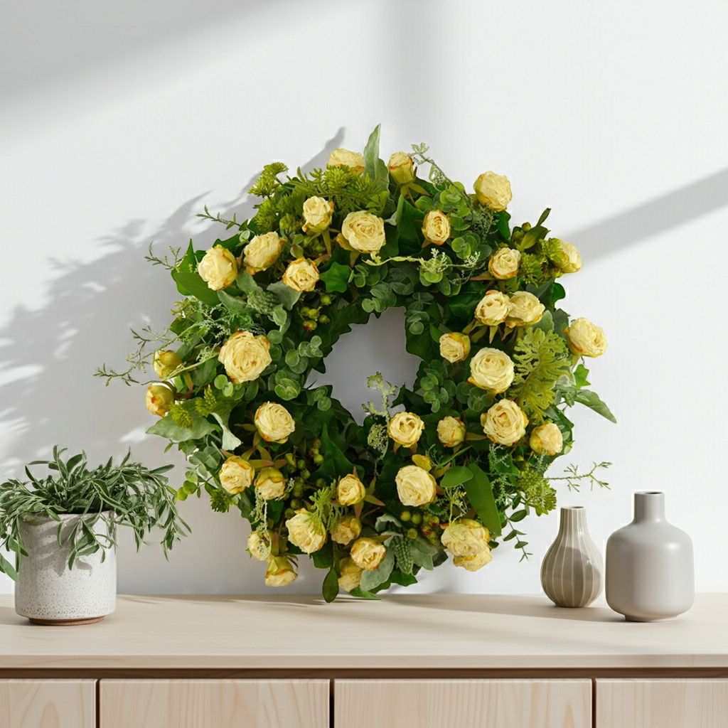 Floral wreath of autumn roses with eucalyptus and berries