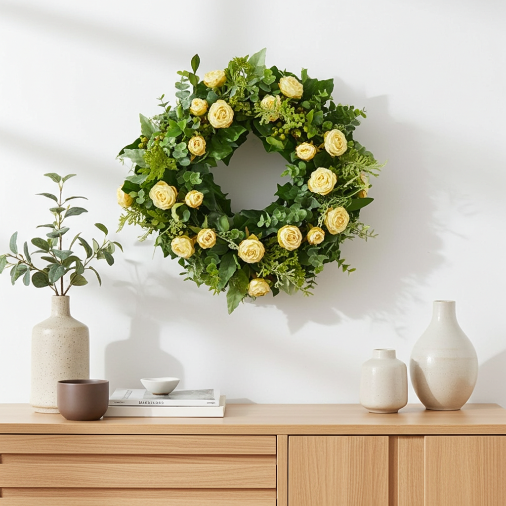 Floral wreath of autumn roses with eucalyptus and berries