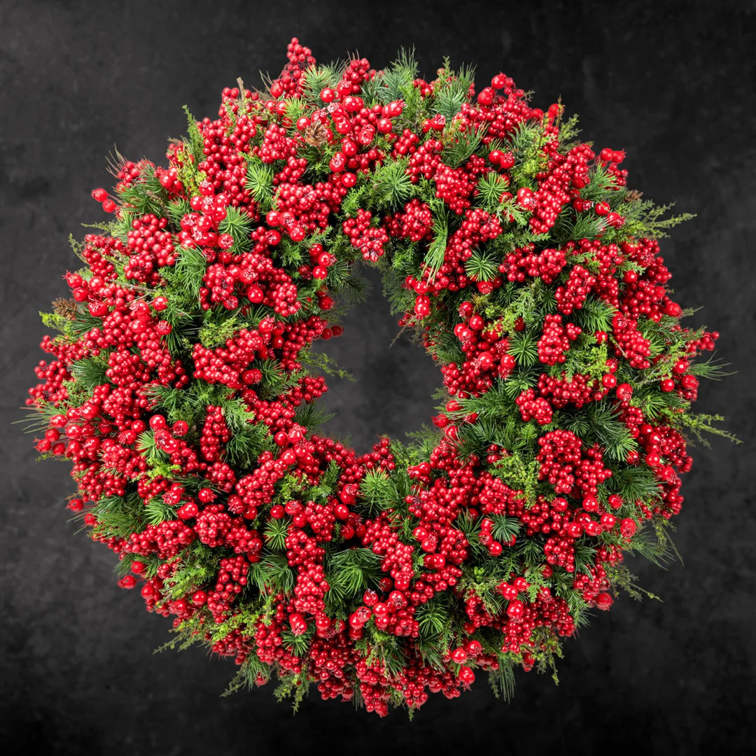 Mixed fir wreath with red berries, handmade