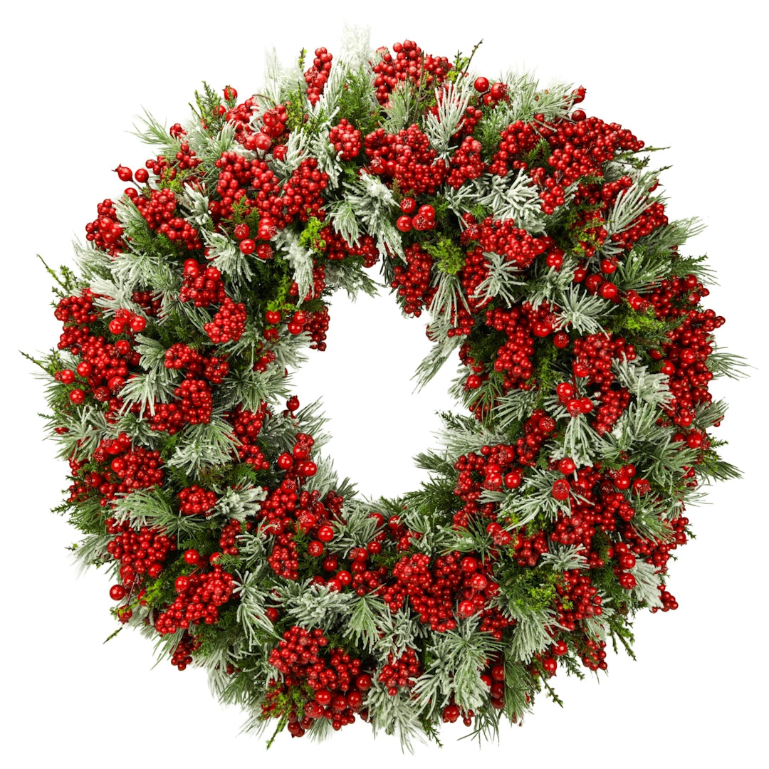 Mixed fir wreath with red berries, handmade