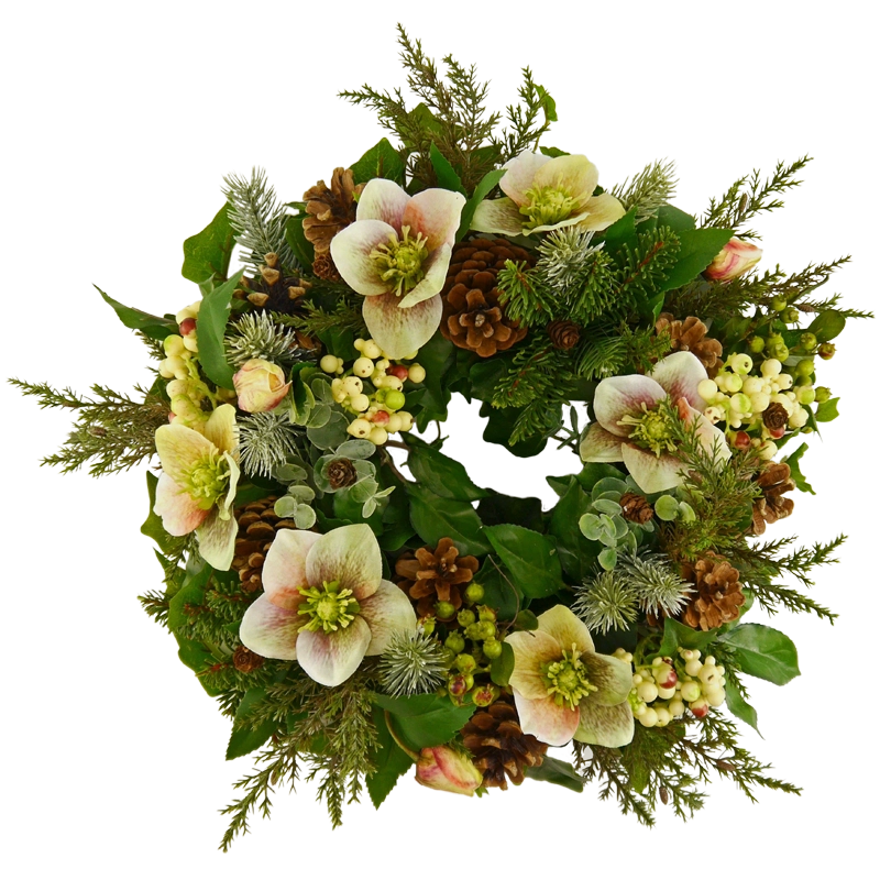 Christmas rosary with berries hydrangeas and cones