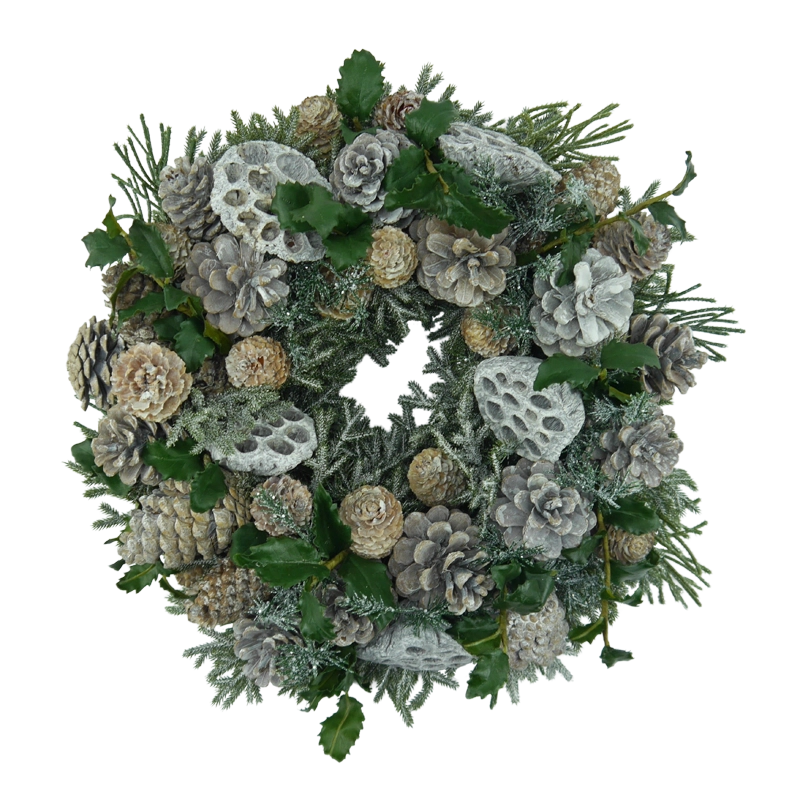 Winterkranz mit Zapfen, Ilex und geeister Tanne