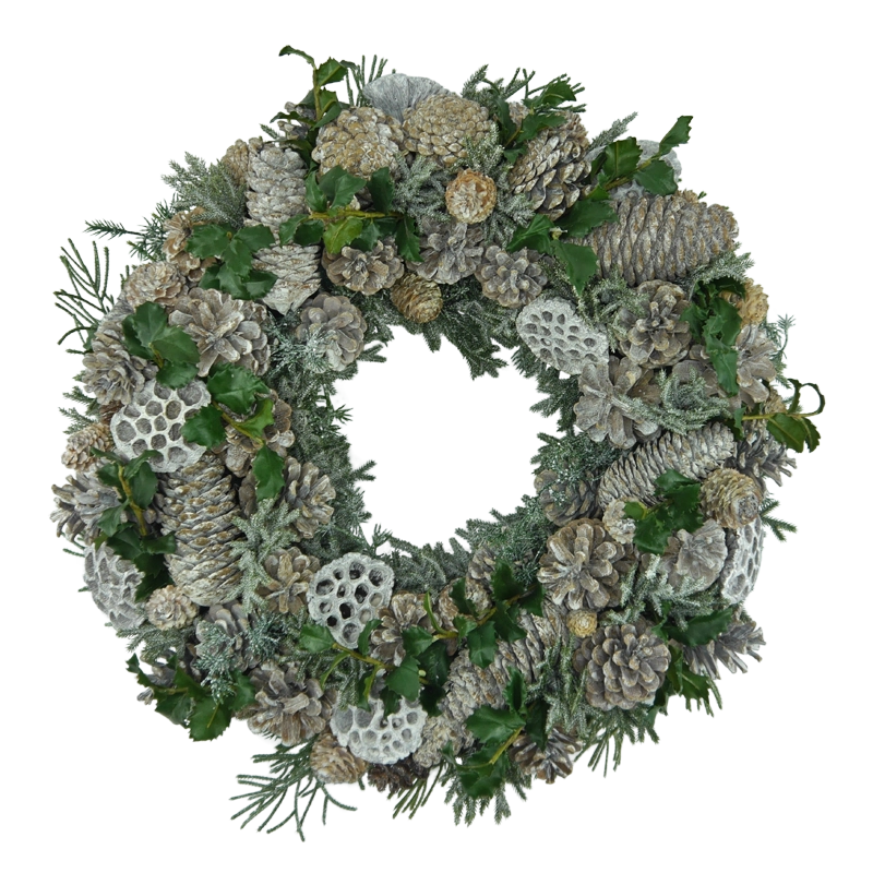 Winterkranz mit Zapfen, Ilex und geeister Tanne