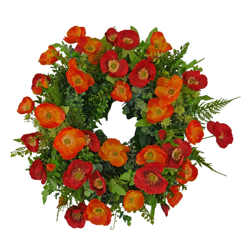 Flower wreath of small-flowered poppies with fern and sedum
