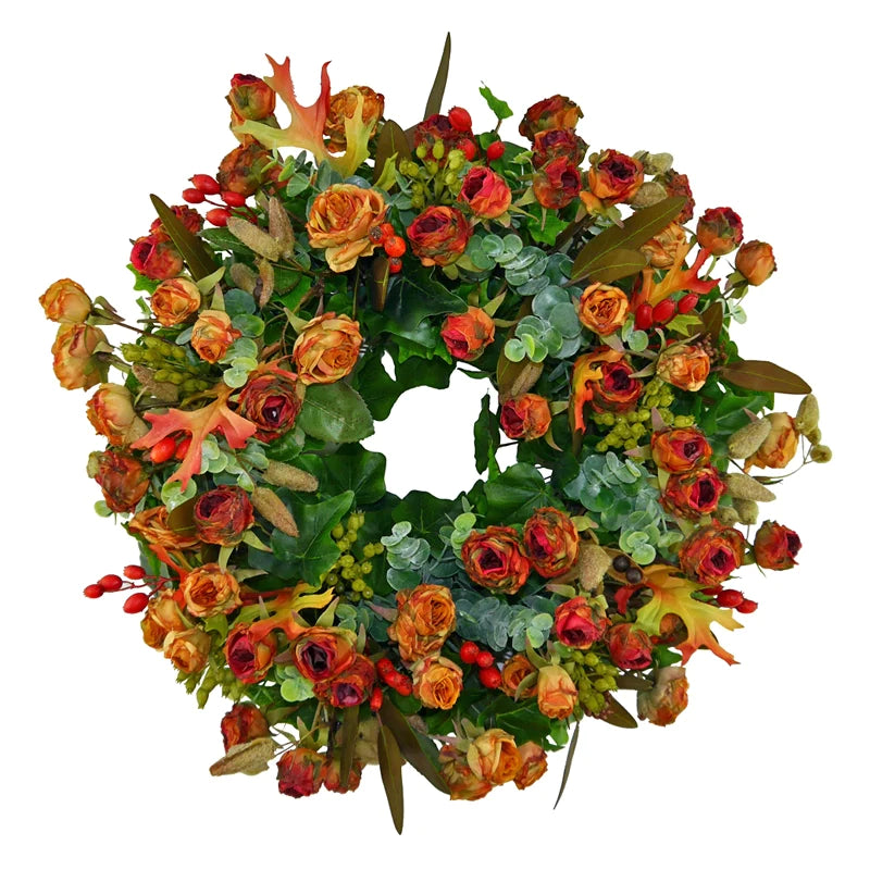 Floral wreath of autumn roses with berries