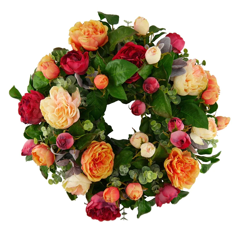 Flower wreath of farm roses with eucalyptus