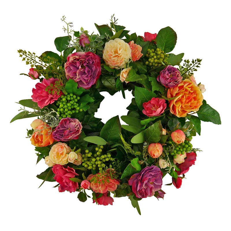 Floral wreath of mixed roses with berries and eucalyptus