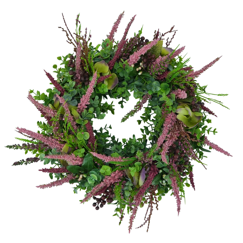 Blütenkranz Eukalyptus mit Erika und Dill, handgefertigt, Ø ca. 35 cm - bordeaux/grün/grau