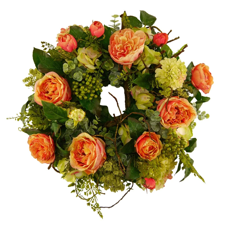 Flower wreath roses with dahlias and hydrangeas