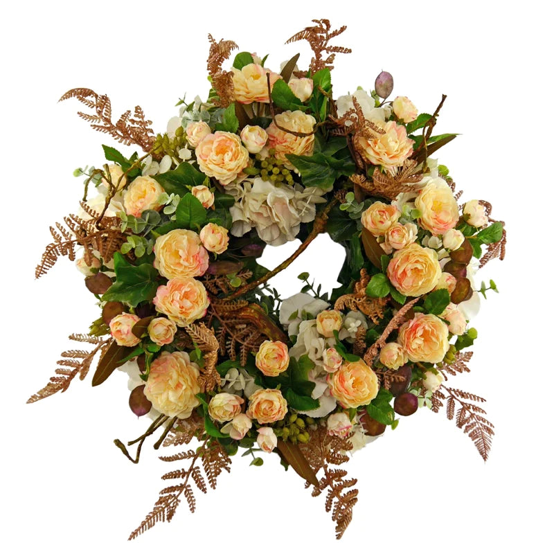 Flower wreath roses with hydrangeas and eucalyprtus