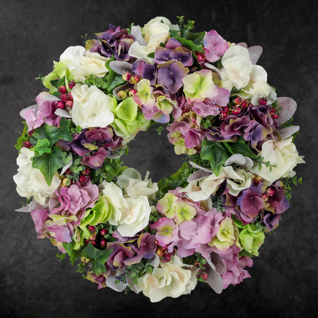 Blütenkranz Hortensien, handgefertigt, Ø ca. 43 cm - lila/grün/rosé