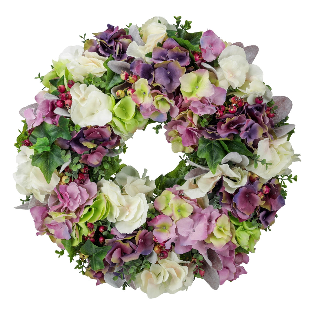 Blütenkranz Hortensien, handgefertigt, Ø ca. 43 cm - lila/grün/rosé