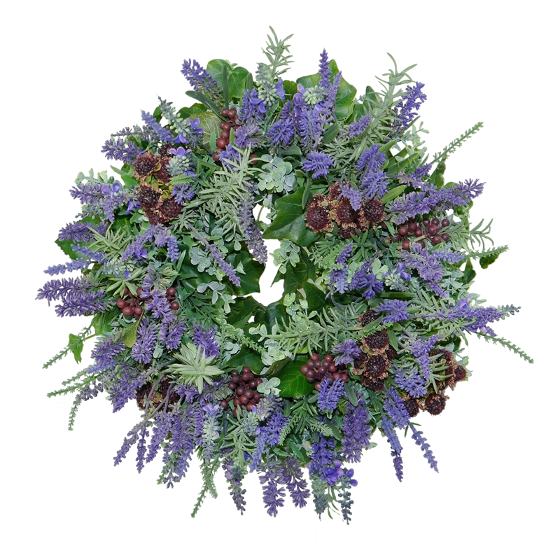 Lavender wreath with berries and hydrangeas, handmade, approx. 43 cm in diameter - purple/green