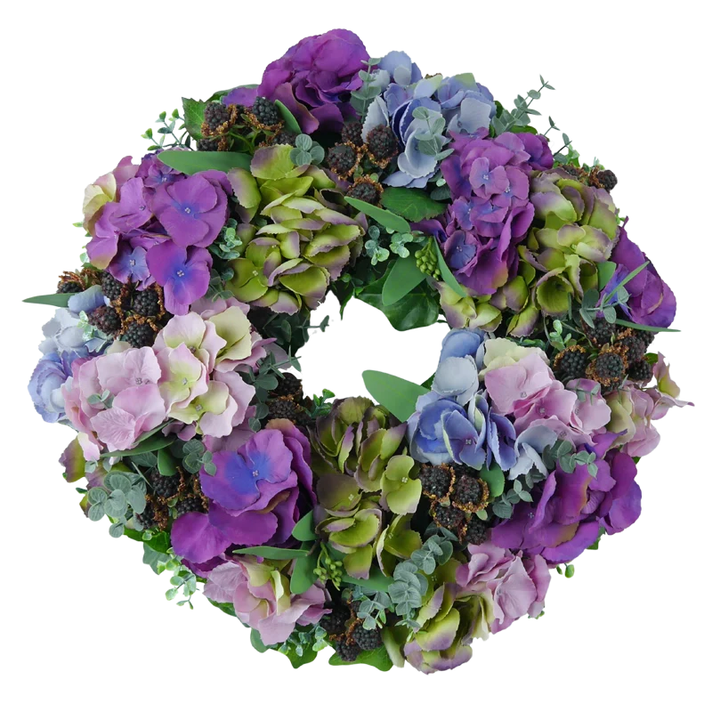 Blütenkranz Hortensie mit Brombeeren, handgefertigt, Ø ca. 43 cm - blau/lila/schwarz