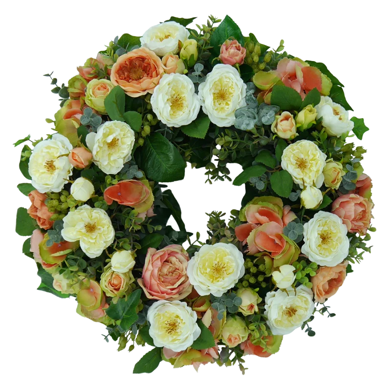 Blütenkranz Rosen mit Hortensien und Beeren, handgewickelt, Ø ca. 43 cm - creme/orange