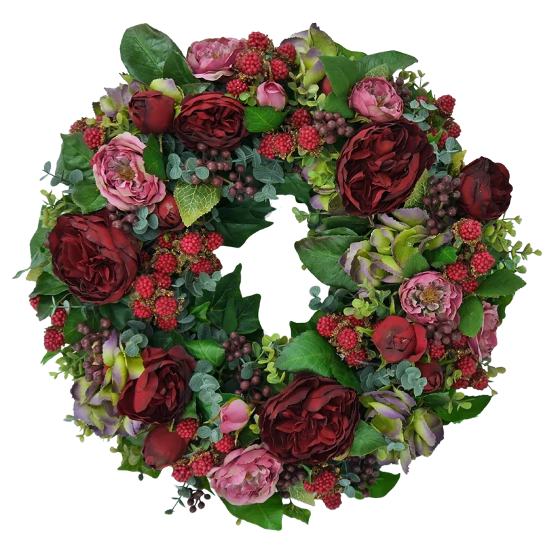Blütenkranz Rosen mit Brombeeren, handgefertigt, Ø ca. 43 cm - bordeaux/schwarz