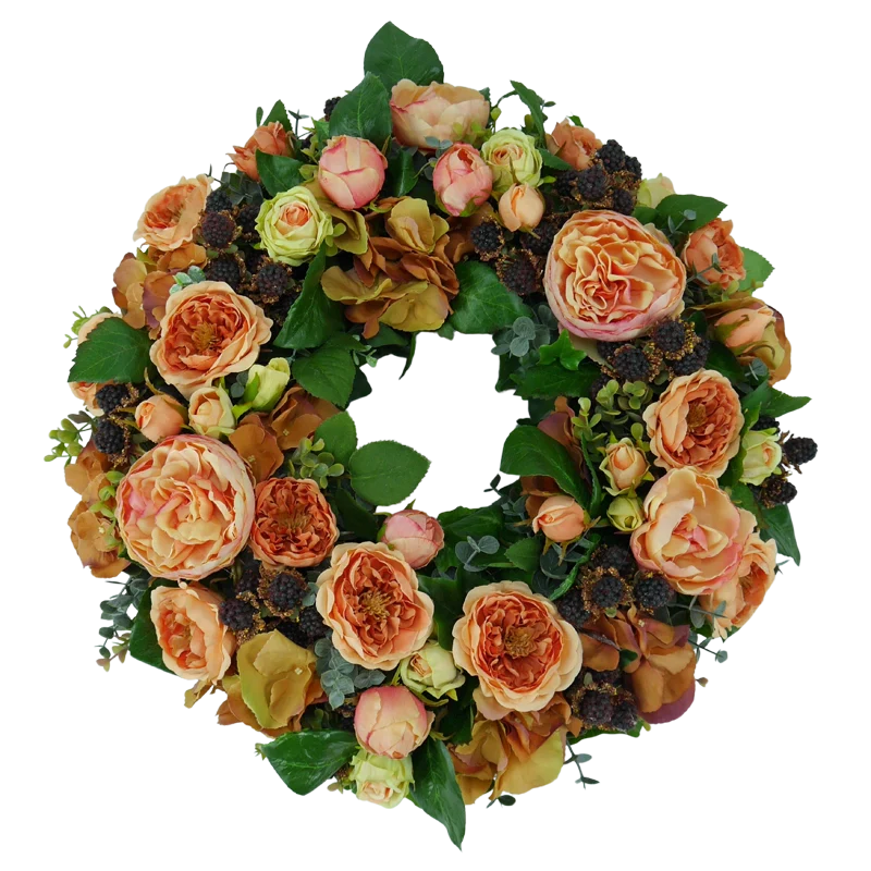 Blütenkranz Rosen mit Brombeeren, handgefertigt, Ø ca. 43 cm - orange/schwarz