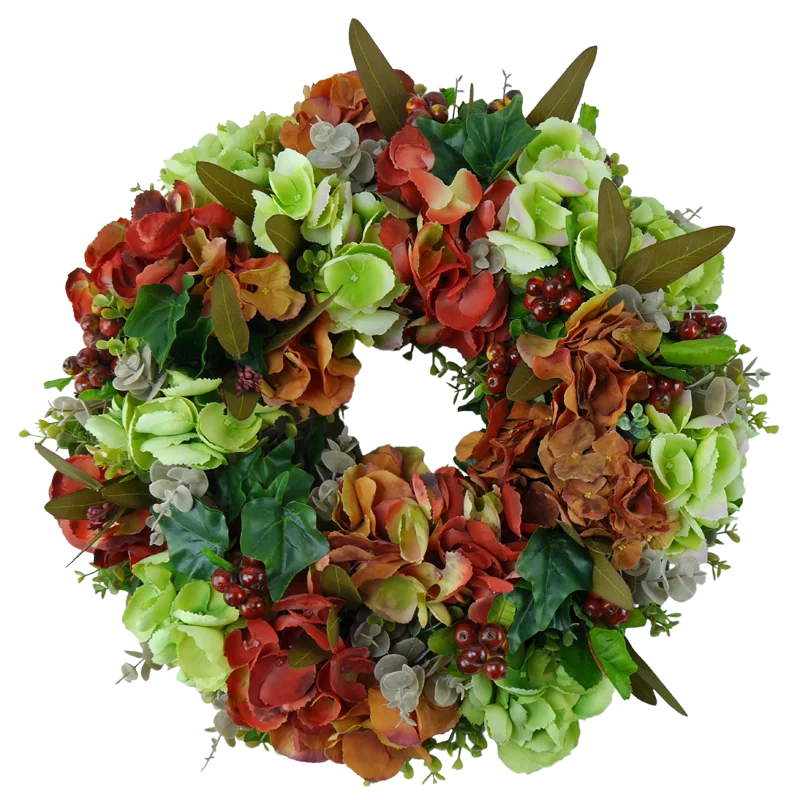 Blütenkranz Hortensie mit Schneebeeren, handgefertigt, Ø ca. 43 cm - orange/grün