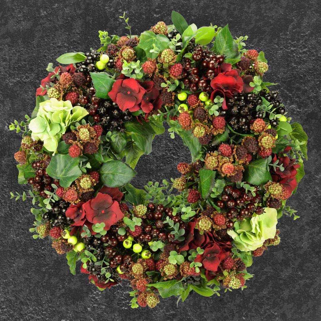 Wreath with berries and hydrangeas, handmade, approx. 43 cm in diameter - burgundy/green