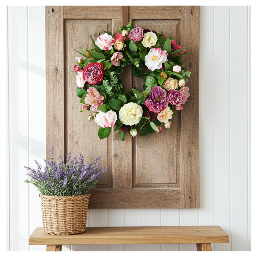 Blütenkranz Rosen und Kamelien mit Sedum Eukalyptus und Efeu