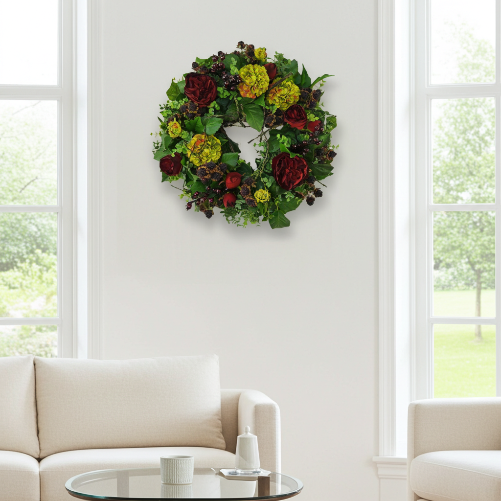 Blütenkranz Dahlien mit Rosen und Brombeeren