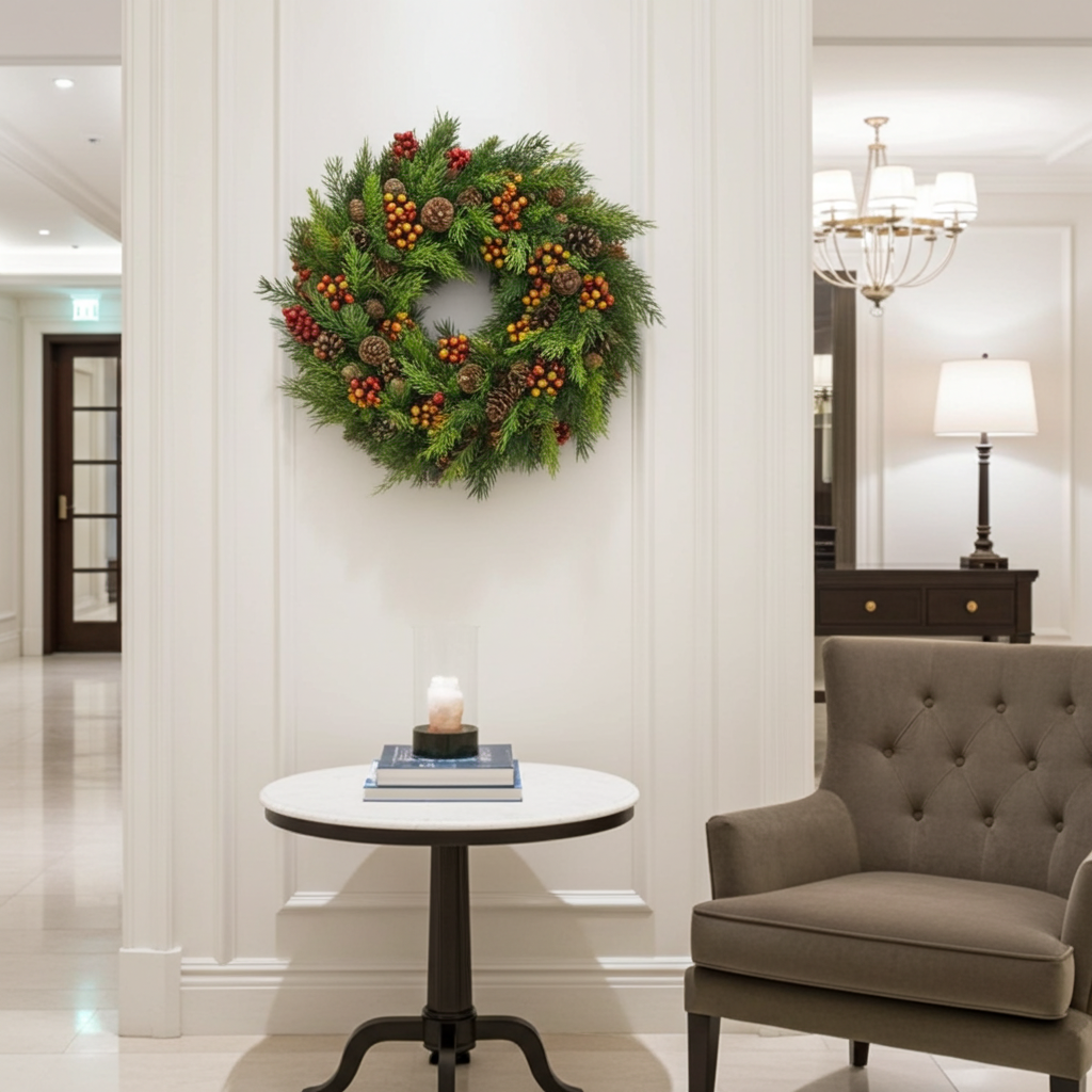 Tannenkranz mit roten Beeren und Zapfen