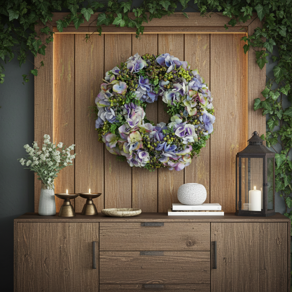 Hydrangea flower wreath, handmade, approx. 43 cm in diameter - blue/purple/green