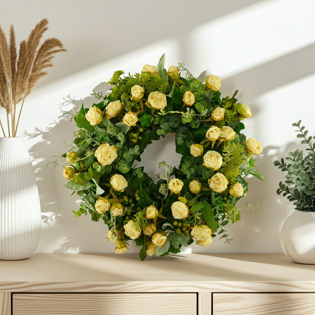 Blütenkranz Herbstrosen mit Eukalyptus und Beeren