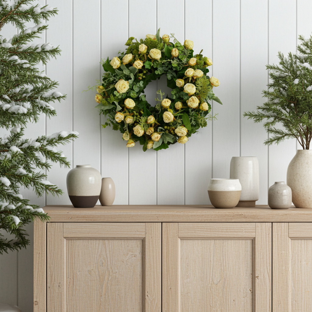 Floral wreath of autumn roses with eucalyptus and berries